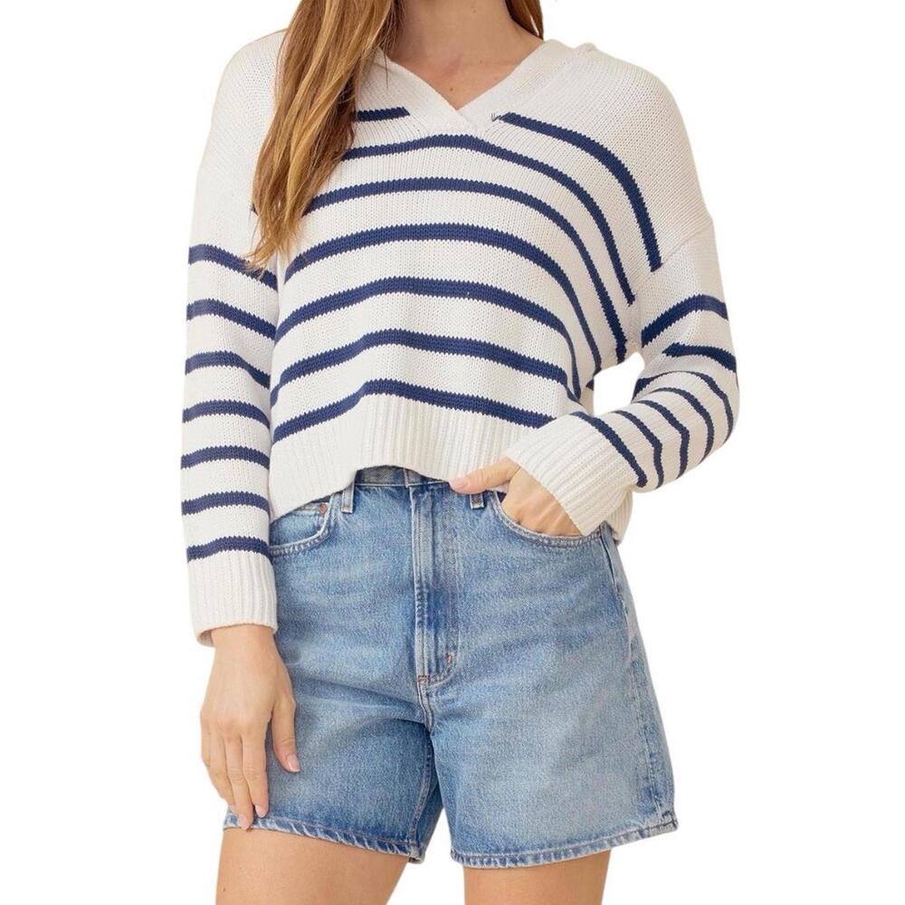 One Grey Day Leni Hoodie Navy Combo Striped Cotton Silk Knit Sweater Women’s XS